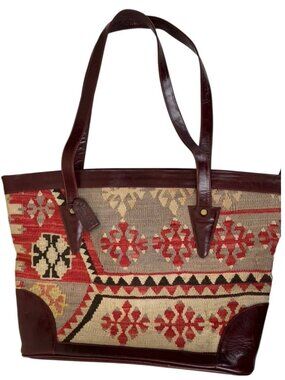 Kilim ART Turkey Tapestry Leather Tote Tribal Boho Artisan 13X20”